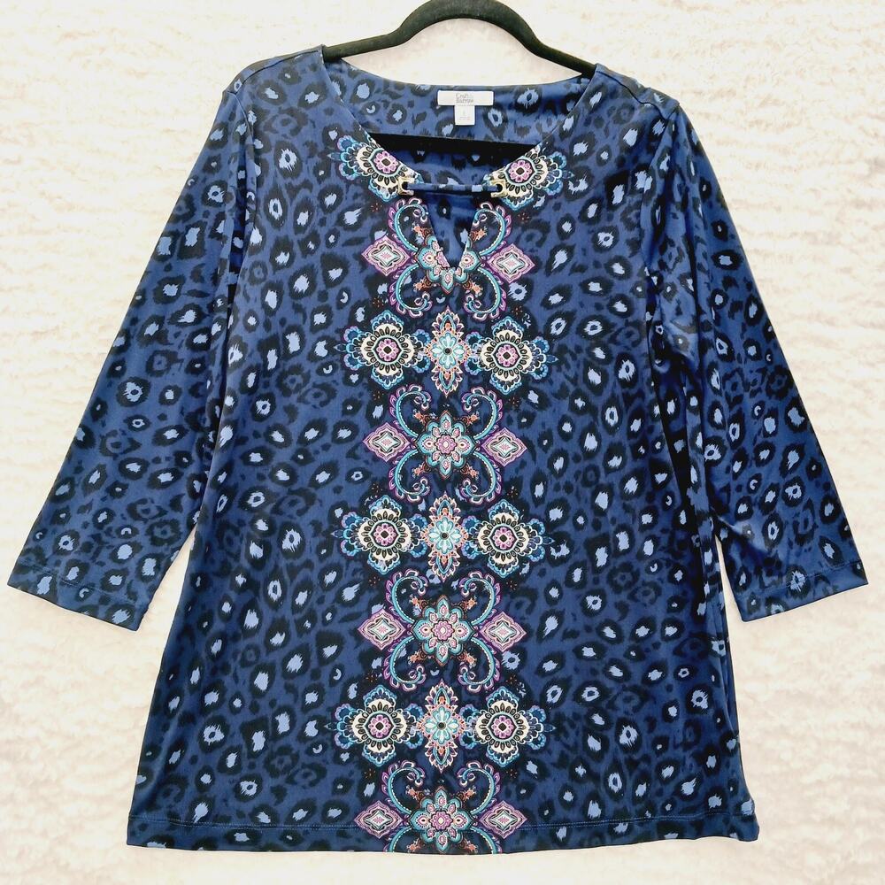 Blouse Tunic Navy Leopard Mandala Boho Whimsycore Artsy Lagenlook Festival Sz L